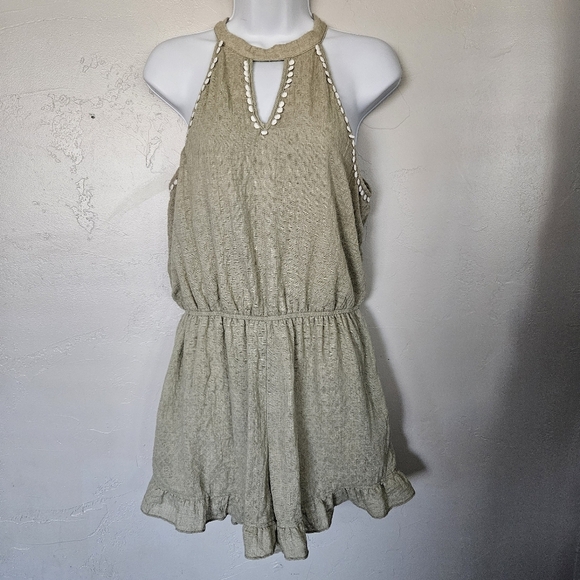Andree by Unit Women's Medium Sage Green Halter Top Romper Pom Pom Ric-Rac Trim - Picture 1 of 9